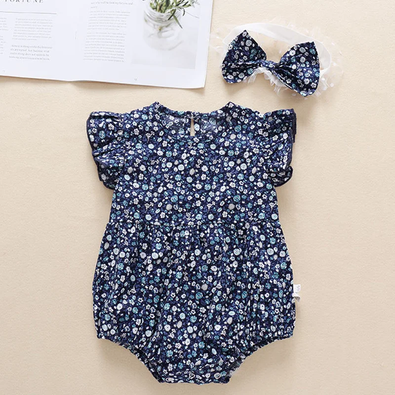 

2024 New Summer 0-24M Baby Clothing Newborn Baby Girl Romper+Hair band Sleeveless Cotton Printing Korean Style Climbing Suit