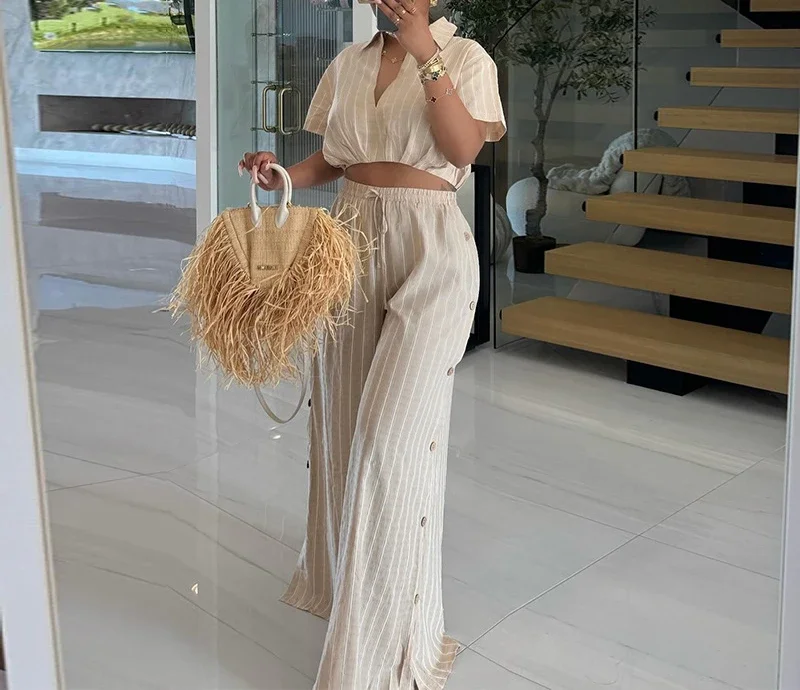

Striped Two Piece Set Women's Clothing New Sweet Short Sleeved Shirt High Waisted Drawstring Wide Leg Pants Suits 2024 Summer