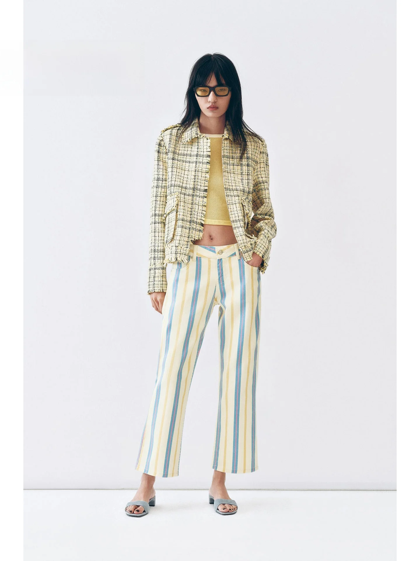 Sweet Cool Dopaamine Color Block Low Waist Straight Leg Denim Jeans Women's Vertical Stripes Retro Casual Slimming Long Trousers
