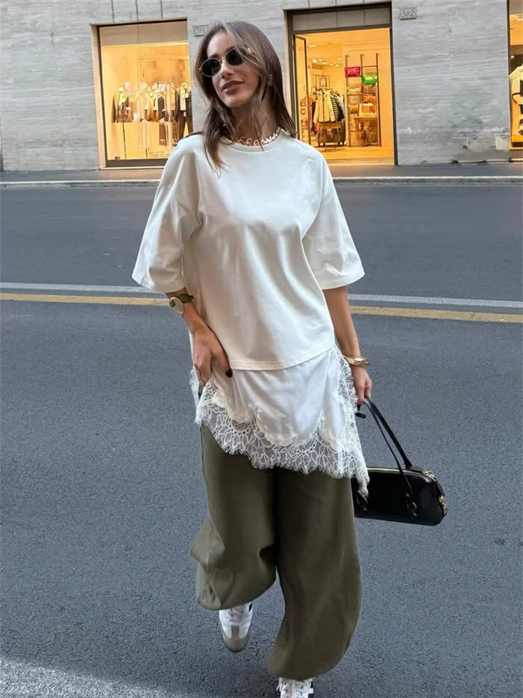 

Tossy White Lace Patchwork T-Shirts Pullover Women's Printed Short Sleeve Fashion Loose Commute Top Summer Female Lace Tee 2026