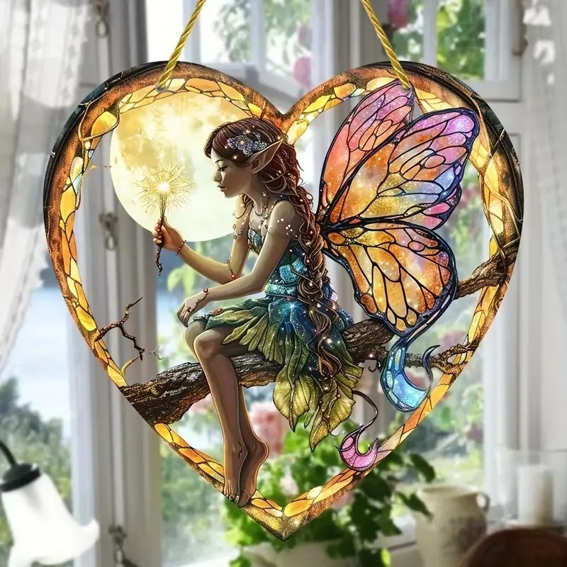 Cute Magical Butterfly Flower Fairy Suncatcher Stained Acrylic Heart Shape Hang Ornament Home Office Garden Outdoor Decoration