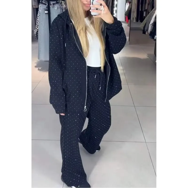 

Sports Set Two-piece Women's Zipper Lazy Style Casual Hooded Sweatshirt with Full Diamond Wide Leg Pants 2025 New Style