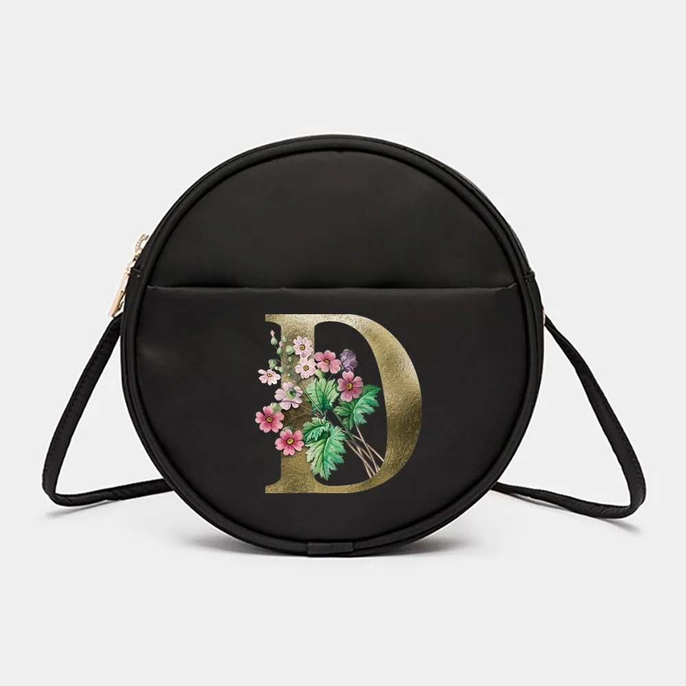 Female Crosssbody Shoulder Bag Golden Flower Letter Name Pattern Shoulder Bags for Women Totes Round Messenger Bag Shopping Bag