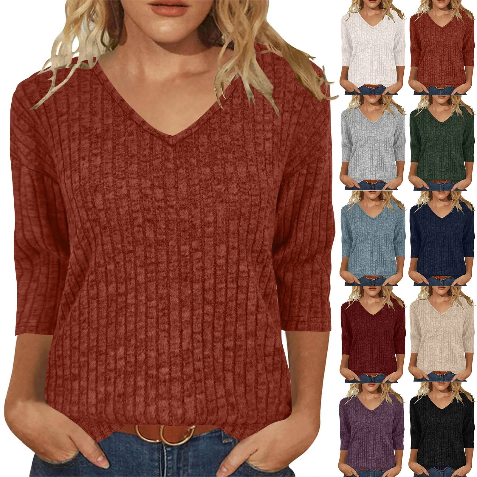 V-Neck T-Shirt Women's 2025 Cross-Border Fashion Loose Fit Seven-Sleeve Flocking Vintage Artistic European Style Top