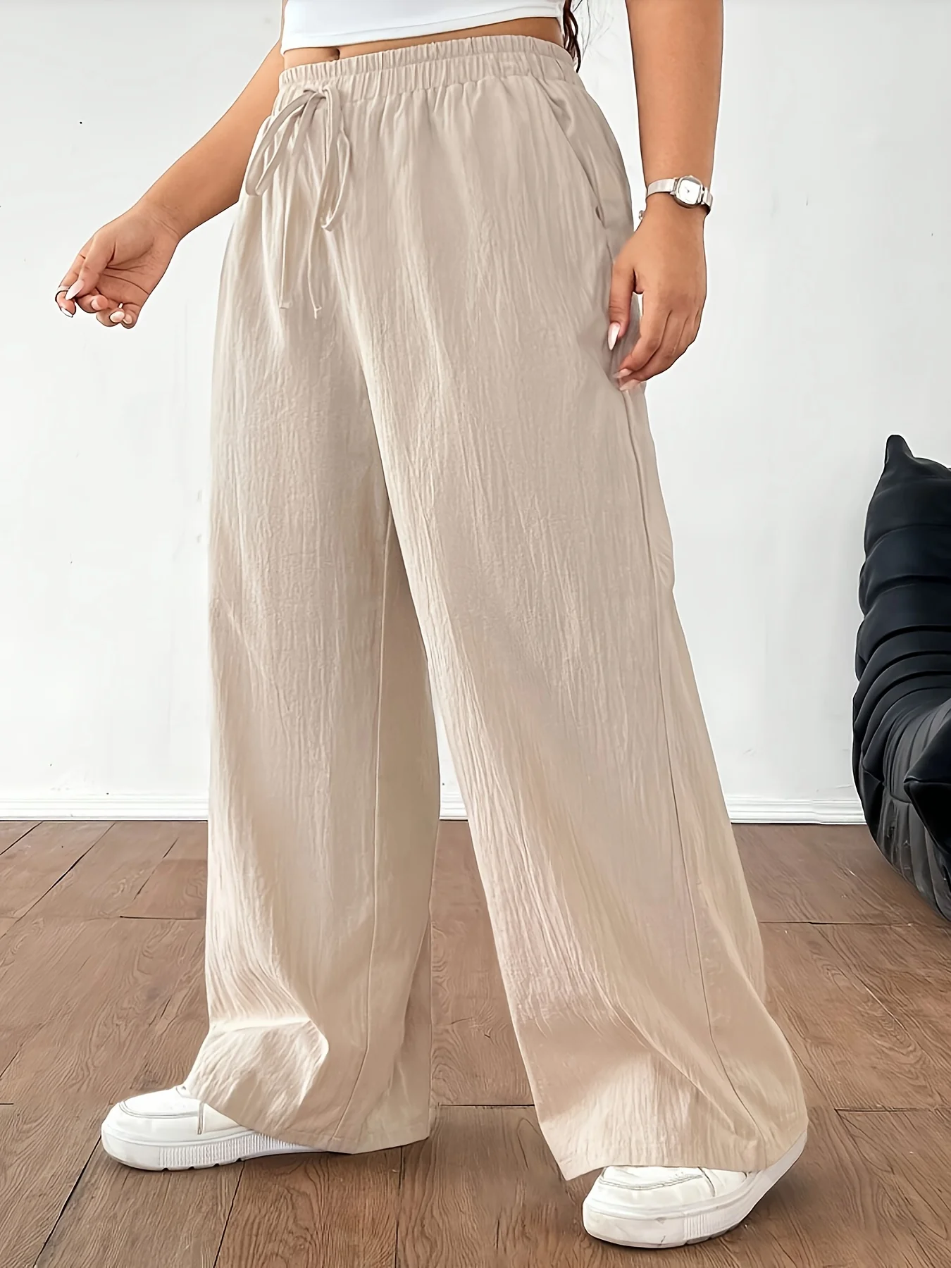 

Plus-Size Women's Pants, European and American Fashion, New Cotton-Linen Loose-Fitting Home Casual Long Pants, Mid-Waist Solid Color Wide-Leg Pants, Lazy Casual Style
