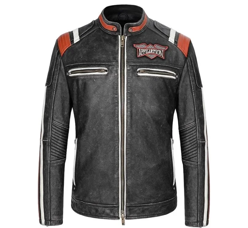 Free shipping.Classic Motor Rider leather jacket.Vintage gray Embroidered cowhide coat.Plus size real leather cloth.Cool man