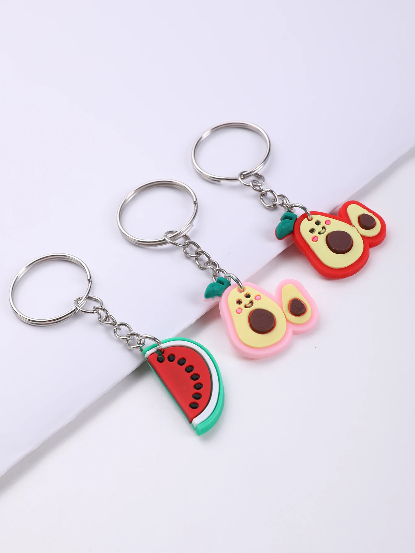 16pcs Cartoon PVC Fruit Design Keyring  Cute Strawberry Pattern Pendant Keychain Decor Purse Bag Charms Decoration For Car Bag