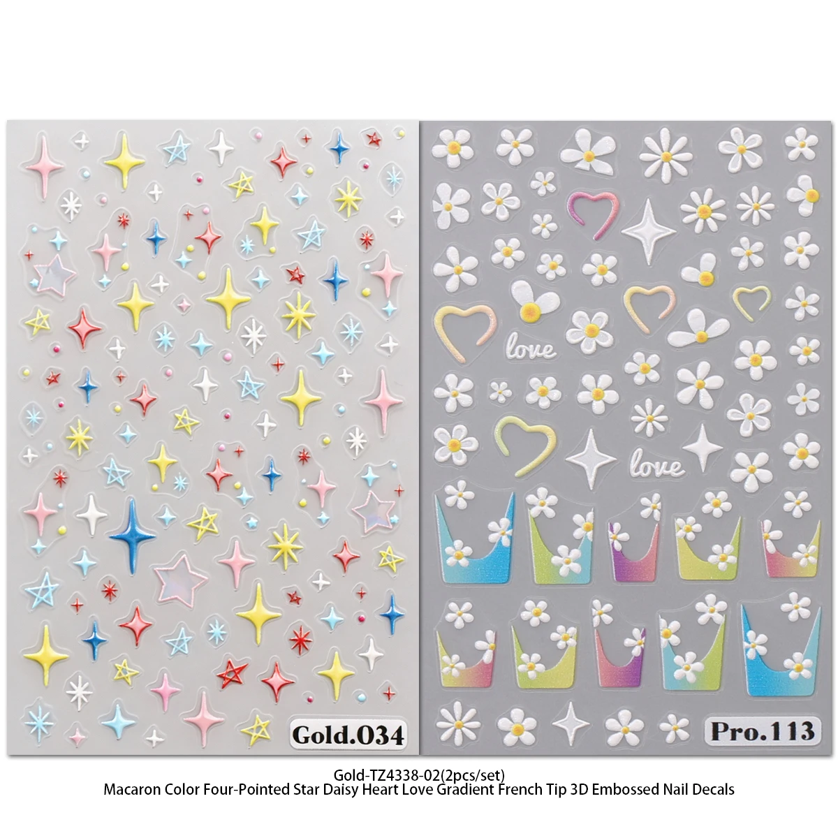 2/4Pcs Macaron Color Embossed 3D Nail Decals Four Pointed Star Daisy Flower Gradient French Tip Professional Nail Tech Supplies