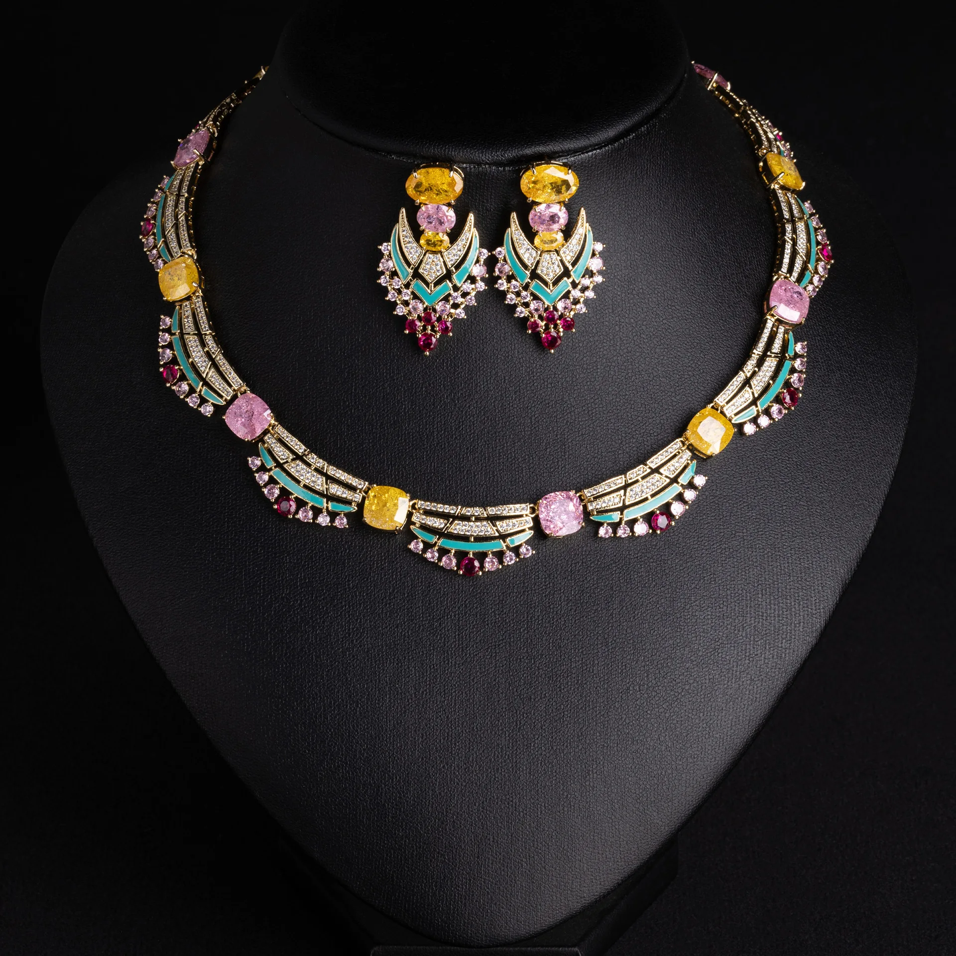 Heavy Craft Color Gem 2Pcs Jewelry Set Full Paved Zircon Enamel Necklace Earrings Women Light Luxury Bride Wedding Annual Party
