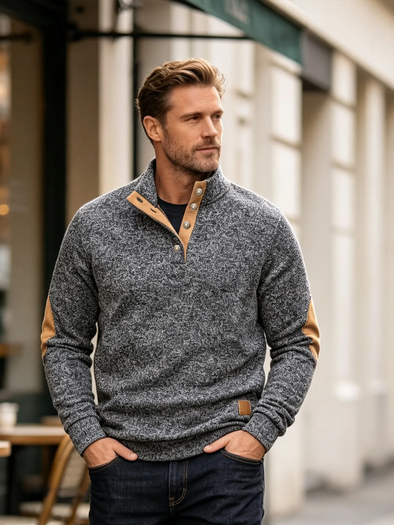 Men Stand Collar Pullover Sweatshirt Elbow Patches Button Placket Neck Long Sleeve Casual Autumn Winter Outerwear Top