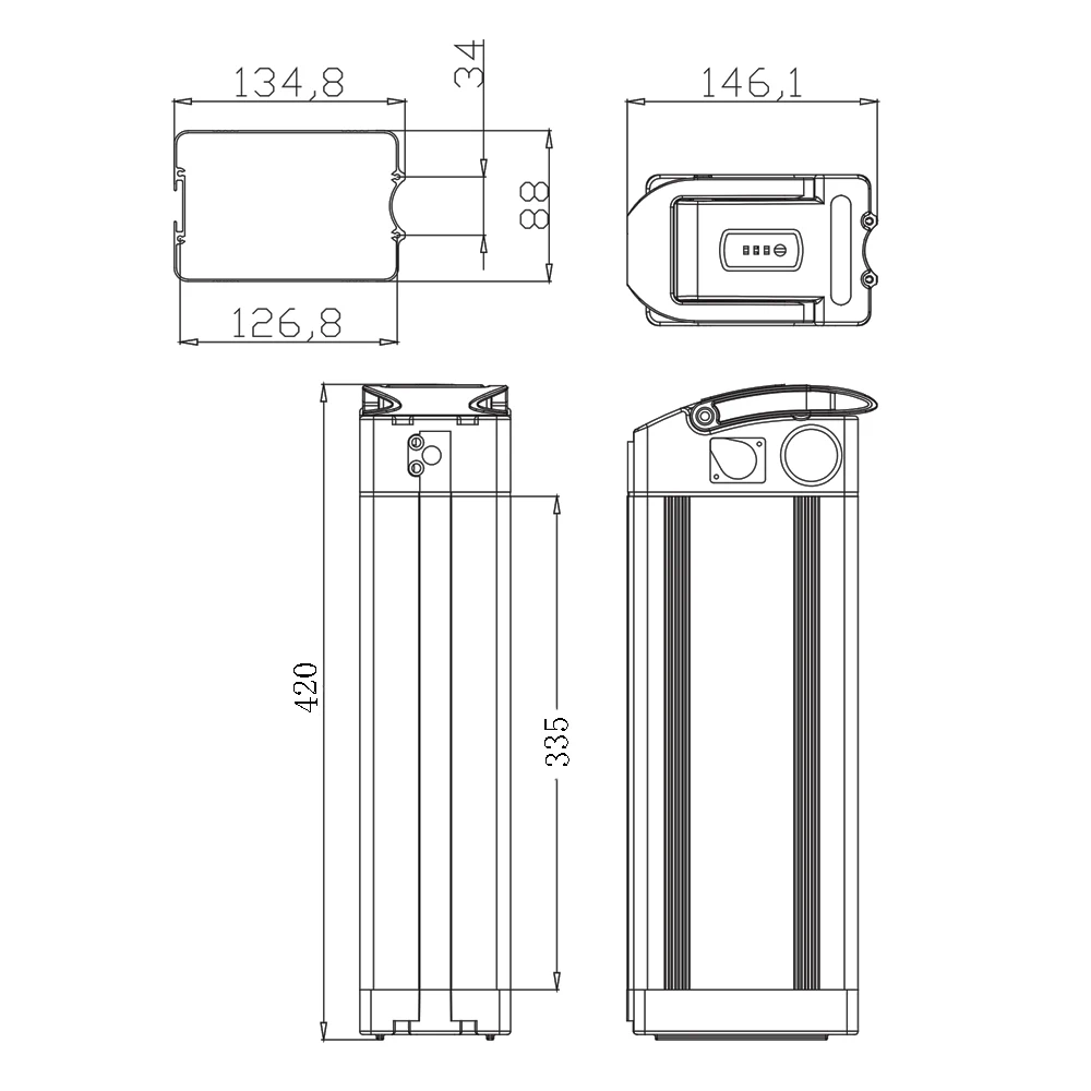 Lithium-ion Battery Pack for Electric Bicycle, Backup, Mid Tube, Beach Cruiser Ebike, 48V, 30Ah, 500W