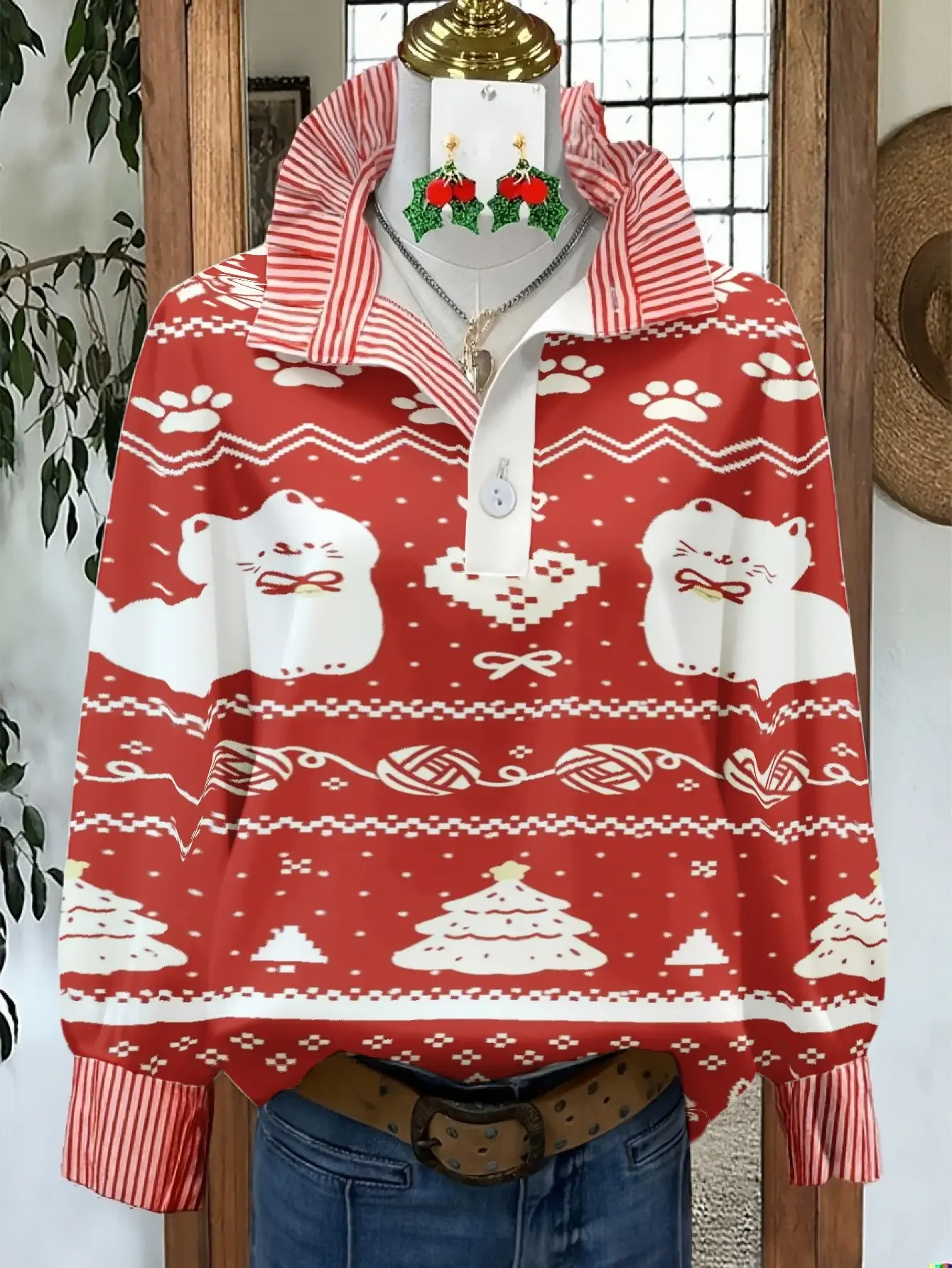 Women's striped shirt with multi-color striped collar and Clothing suitable for travel photography