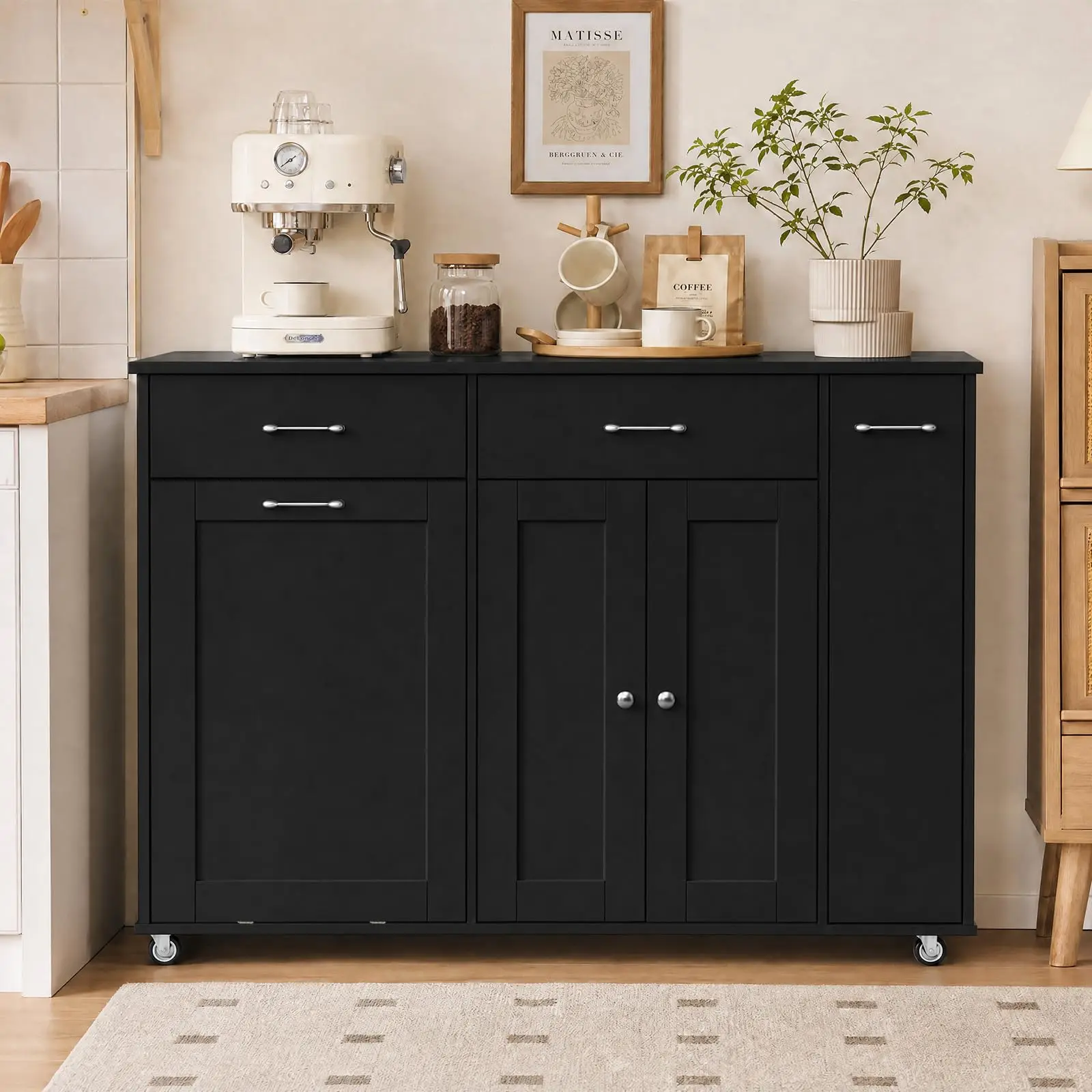 54 Inch Rolling Kitchen Island Cart With Breakfast Bar, 2 Drawers, Tilt-Out Trash Cabinet, Spice Rack, Towel Rod & Storage Shelves
