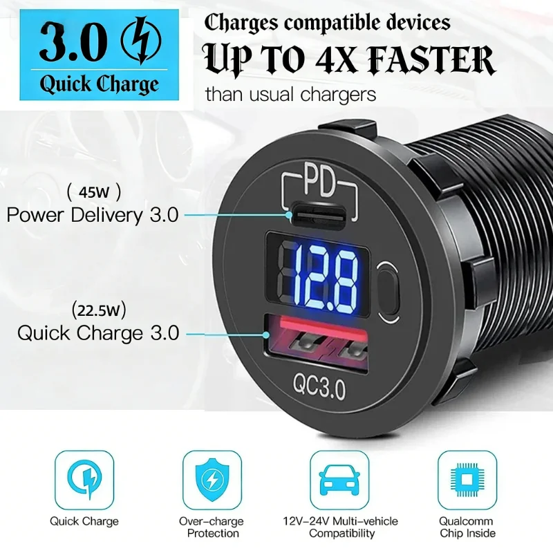 

Розетка для мотоцикла QC 3.0 PD, замена зарядного устройства с двумя USB-портами, кнопочным переключателем и светодиодным вольтметром, 12 В, 24 В, совместимые аксессуары