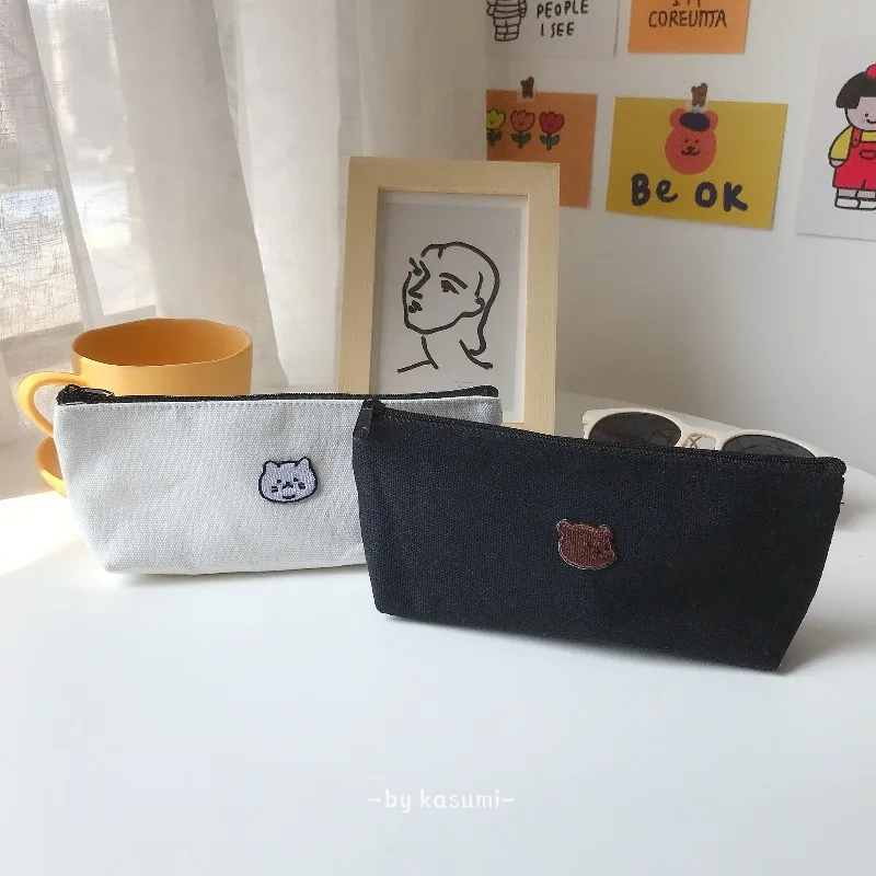 Minimalist Embroidered Canvas Triangular Pencil Case - Bear Design Cosmetic Bag for Friends & Couples