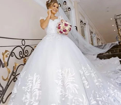 

Customized O Neck Wedding Dresses Short Sleeves Bridal Ball Gown Dress Sparkly Appliques vestidos 2025