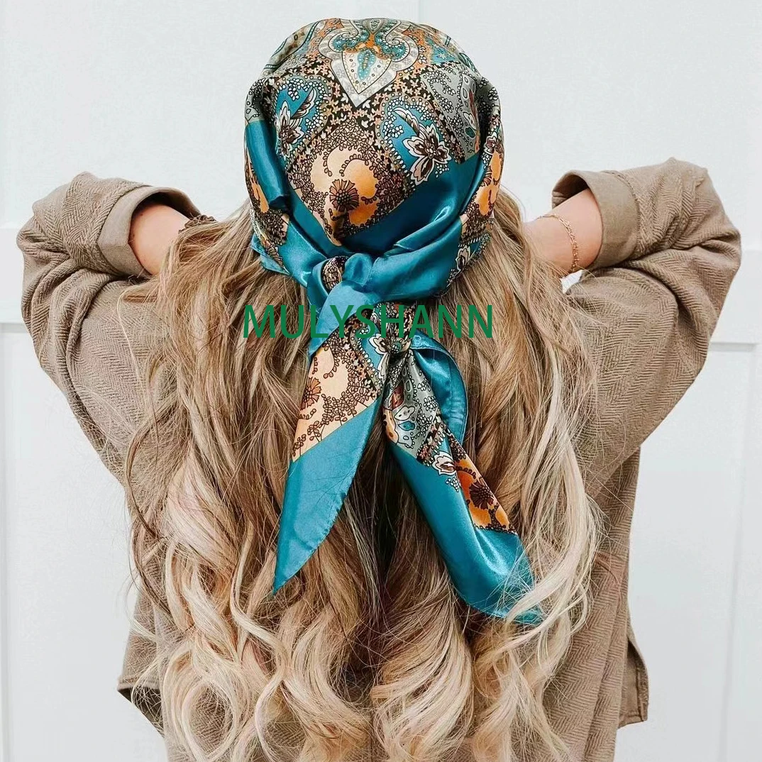 Silk Head Scarf Women Luxury Brand Plaid Print Handkerchief Shawls and Wraps Hijab 90*90cm Square Scarves Bandana Cheveux