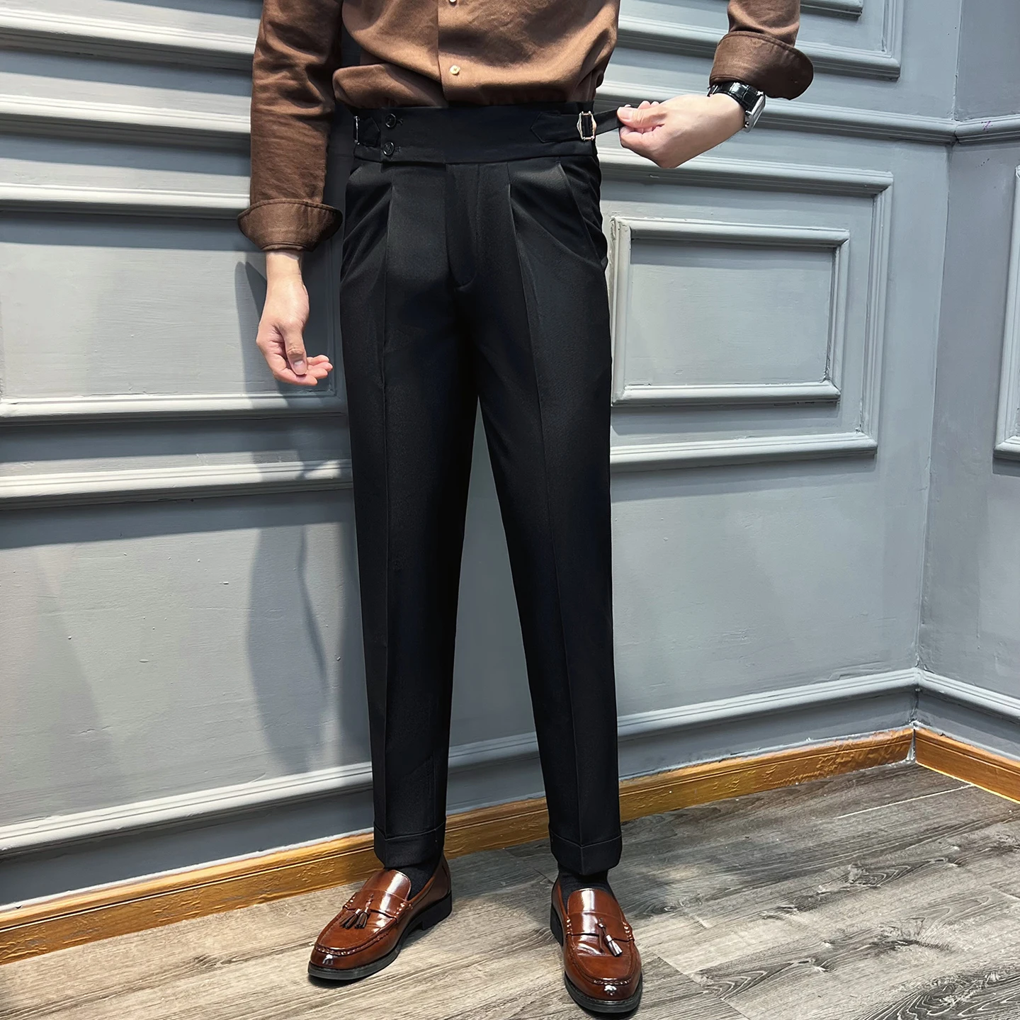 Celana Panjang Pria Model Italia Naples High Waisted Straight Berkualitas Tinggi Warna Solid untuk Bisnis Kasual Formal Kantor dan Acara Sosial