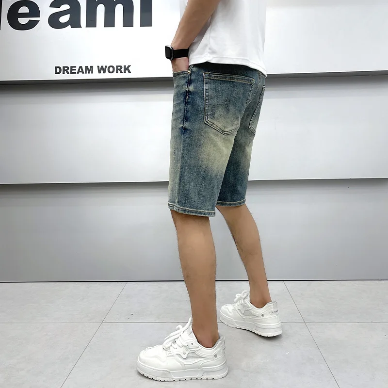 Denim Shorts Men's Retro Washed Nostalgic Fashion Brand Slim Straight Summer Thin Korean Style Elastic Capri Pants