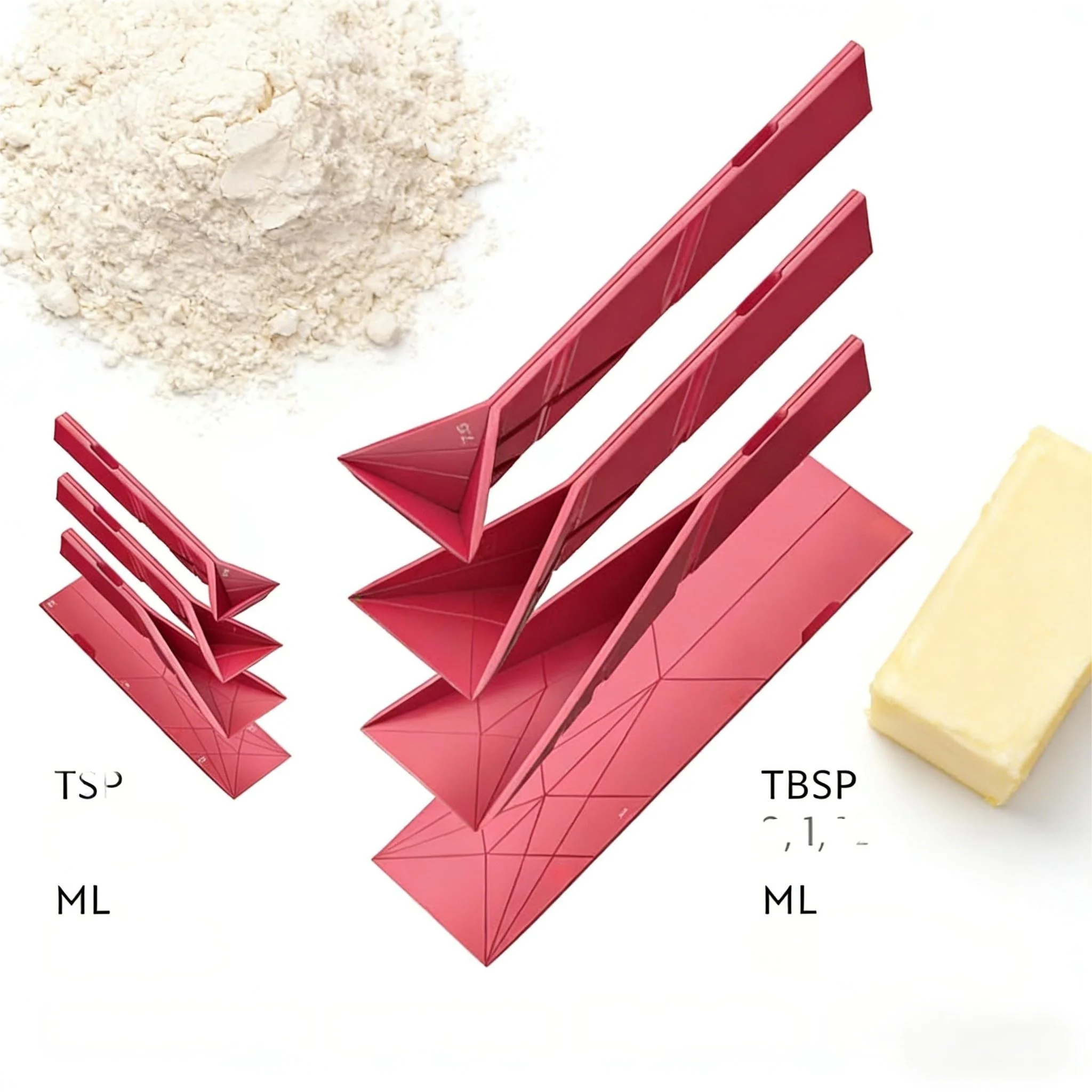 Red Foldable 3-in-1 Measuring Spoon Set - Collapsible, Space-Saving Design, Multifunctional Kitchen Gadget