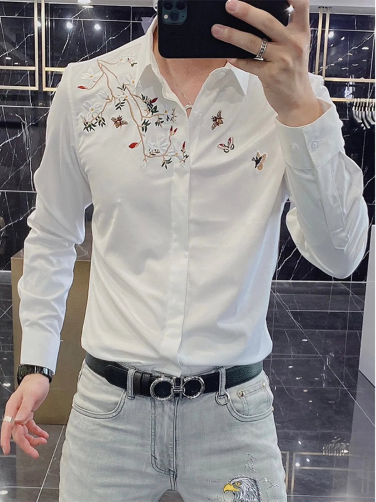 

Men's Long Sve Embroidered irt Slim Fit Casual Faionable Busin White irt Trendy 2023 New Sle Four Seasons