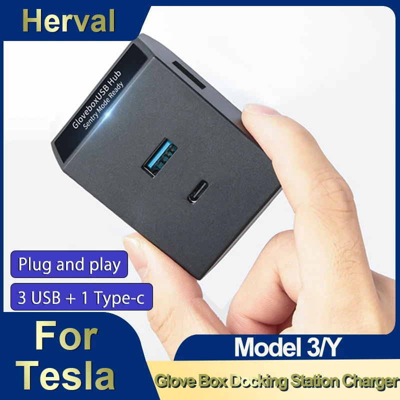 

For Tesla Model 3 Y Glove Box USB Type-C Hub Adapter Docking Station Quick Charger Powered Splitter Extension Car Accessories