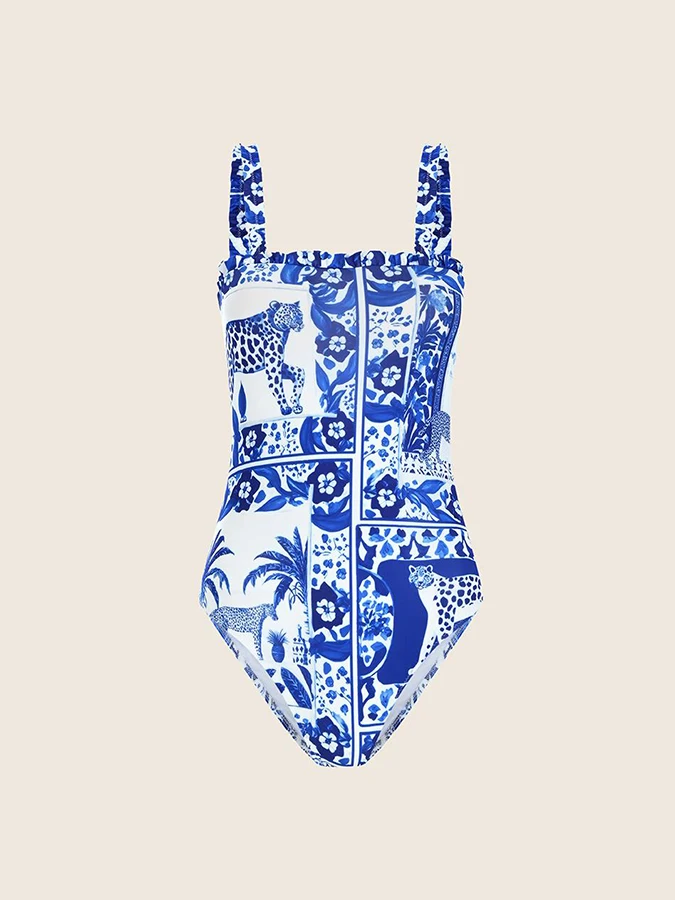 Floral Print One Piece Luxury Swimwear For Female Beach Exit Swimsuit Thin Straps Blue Bathing Suit Sexy / New Kimono 2023