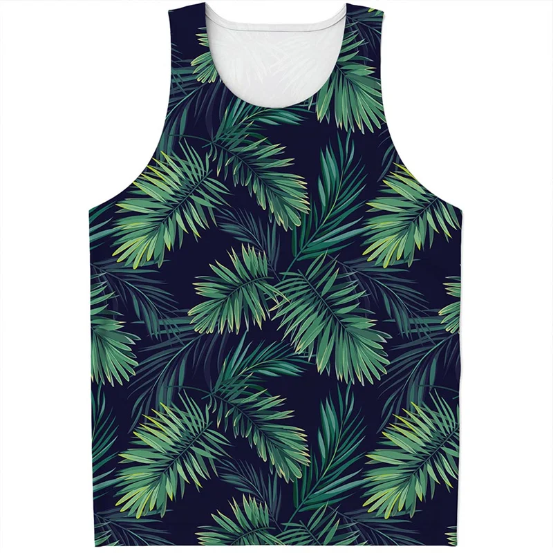 Canotta con grafica a foglia di palma verde per uomo Summer Street 3D Printed Hawaiian Plants Vest Quick Dry t-shirt senza maniche Top