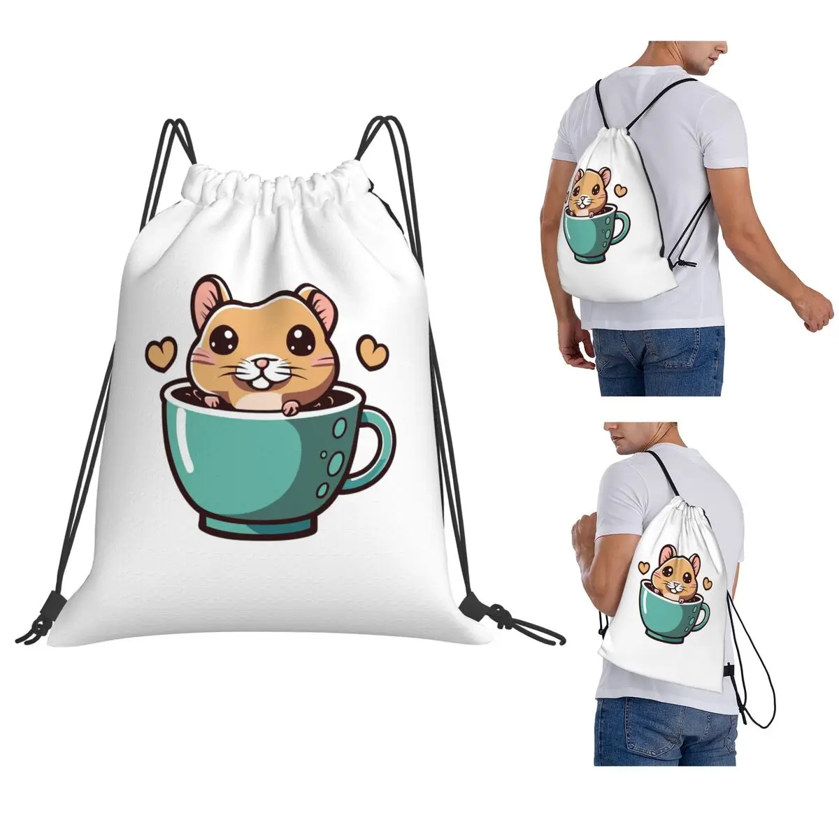 Heartwarming Sips Pocket Pet Bliss Sacs à dos décontractés à cordon de serrage, sacs de sport, sacs à livres pour hommes, femmes et étudiants