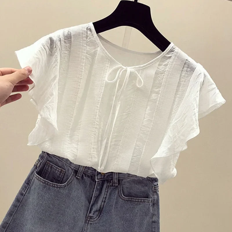 Elegante camicetta in chiffon con volant e fiocco con lacci allentati Abbigliamento donna Estate Nuovi pullover casual Camicia da donna da ufficio tinta unita