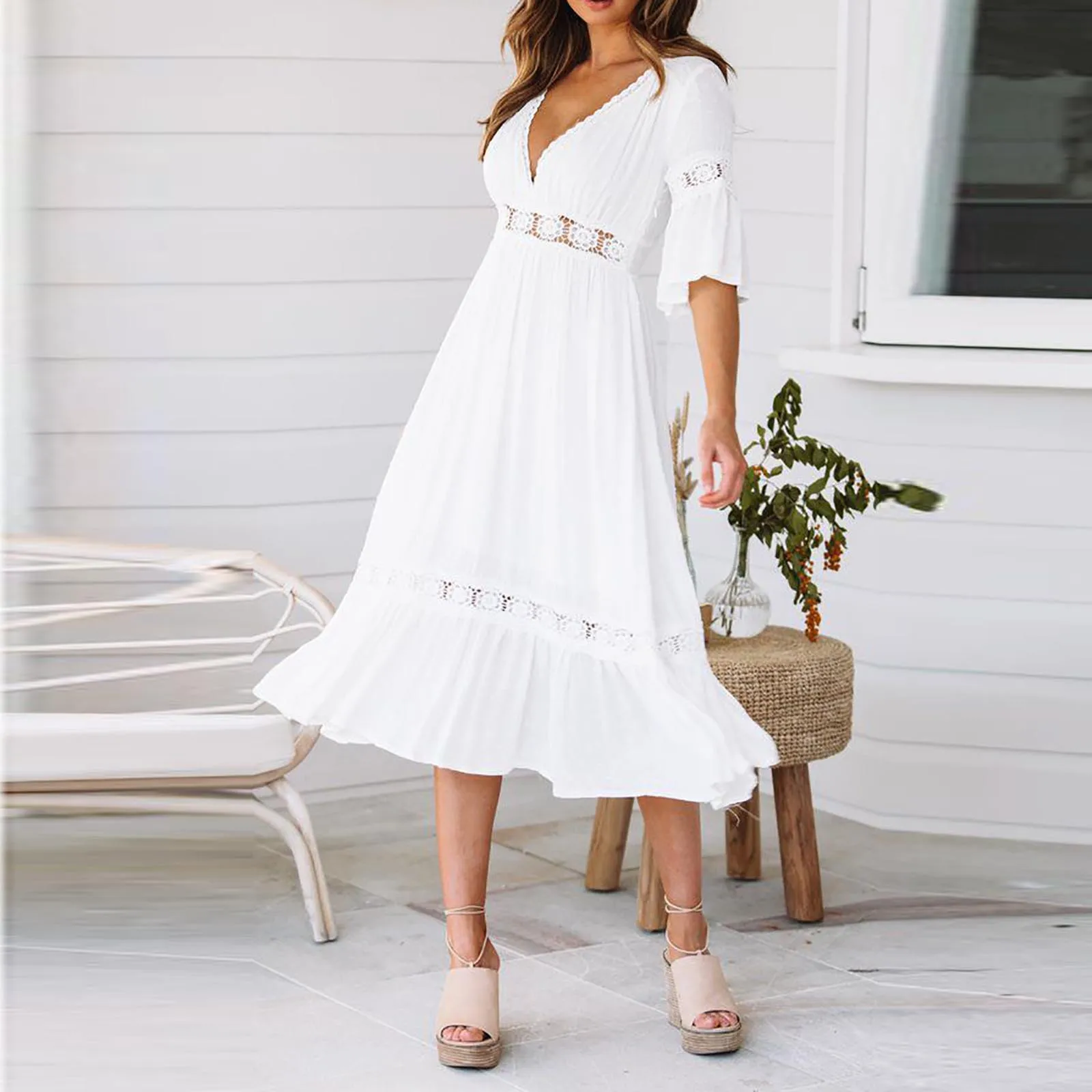 Summer White Long Dress Women Boho Hollow Out A Line Ruffles Dress Short Sleeve V-Neck Loose Fashion Casual Elegant Woman Dress