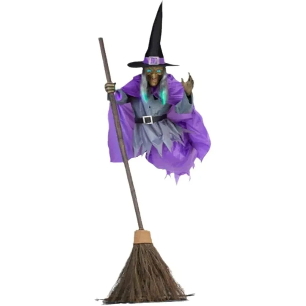 

6 Ft Flying Witch Halloween Decor on Broom Outdoor Animatronics Hovering Witch Props with Scary Sounds & Lights Horror Floating