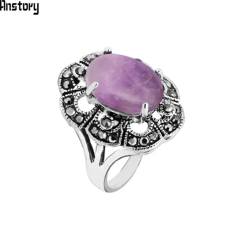 Oval Natural Amethysts Rings For Women Vintage Look Antique Silver Plated Rhinestone Plum Flower Fashion Jewelry TR690