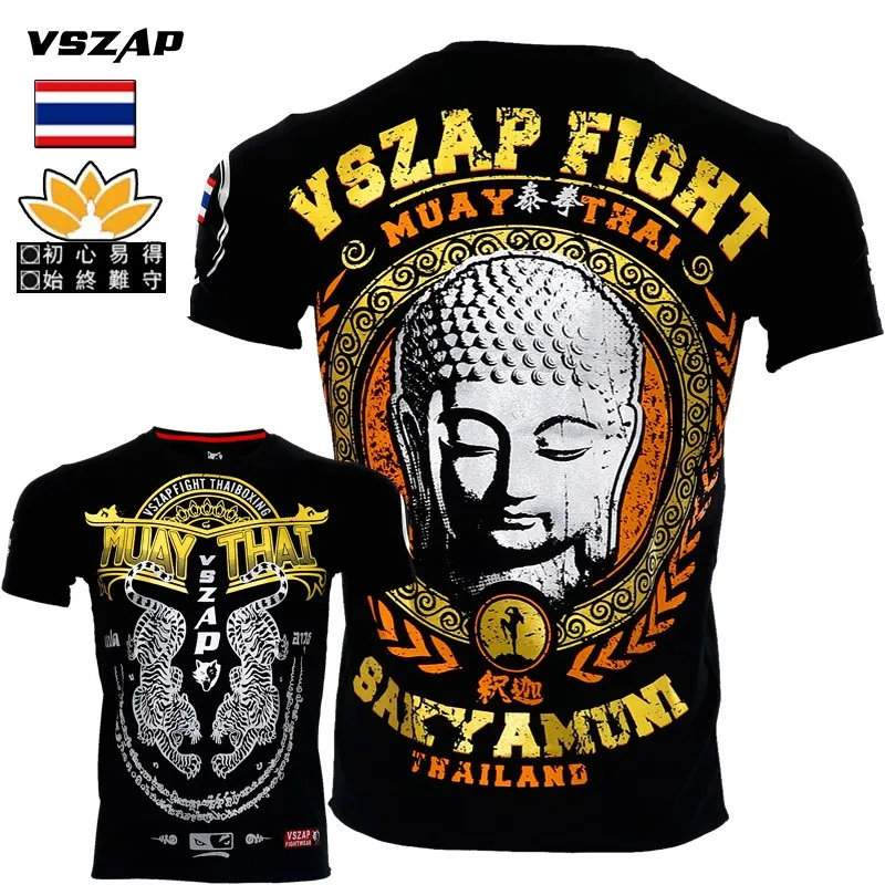 Vszap Men's Breathable T-shirt Muay Thai Print SakyaMuni Fighting Boxing Short-Sleeve for Outdoor Fitness Team Training