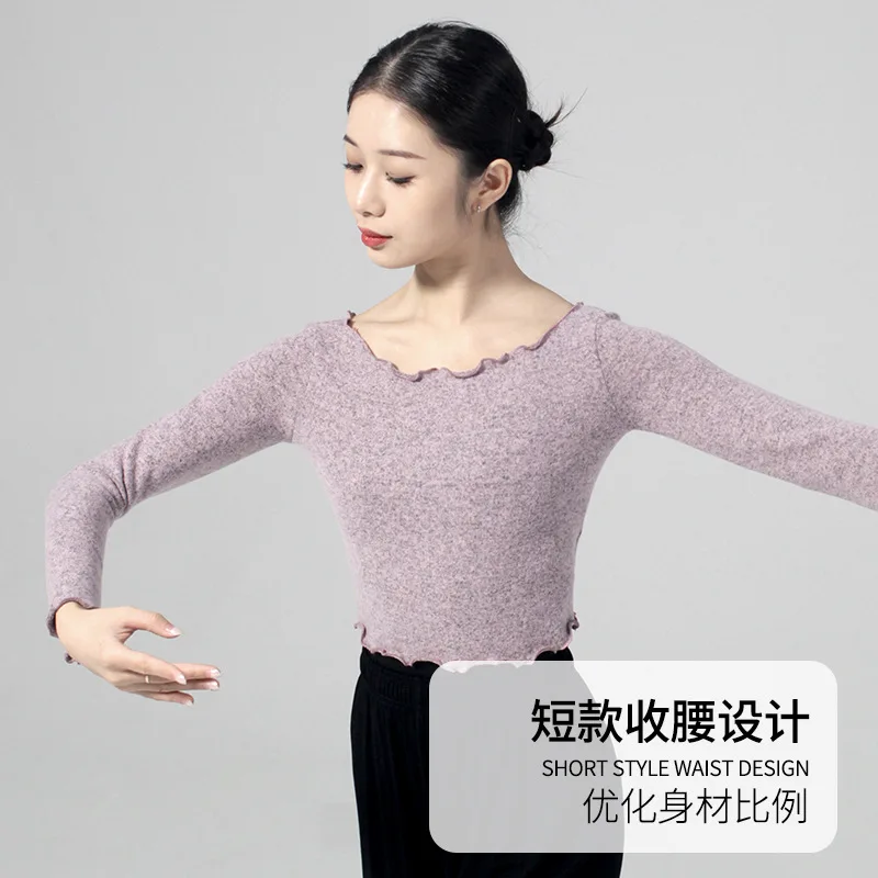 Herfst en winter balletoefenkleding lange mouwen tops volwassen dames één-woord kraag dans moderne truien