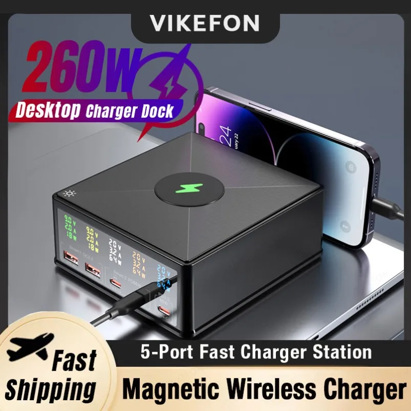 

260W Fast Charging Socket 140W/100W PD Quick Charge Digital Display QC3.0 PD3.1 Wireless Charger For Phone Laptop Tablet Station