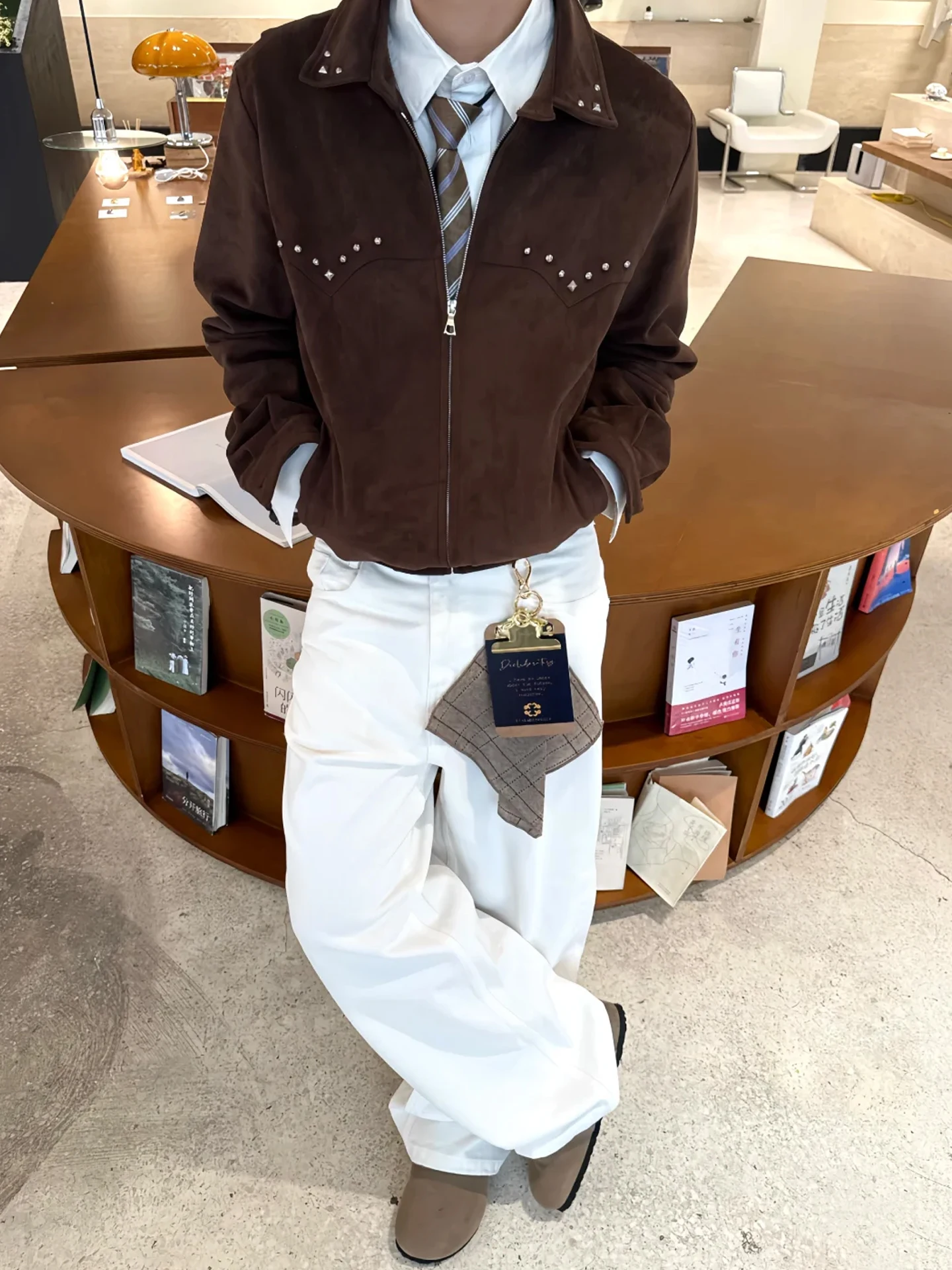

Barn Sle Rivet Suede Jaet Men's Boxy Trendy American Retro Workwear Cleanfit Collar Jaet Women's Casual Zipper Closure