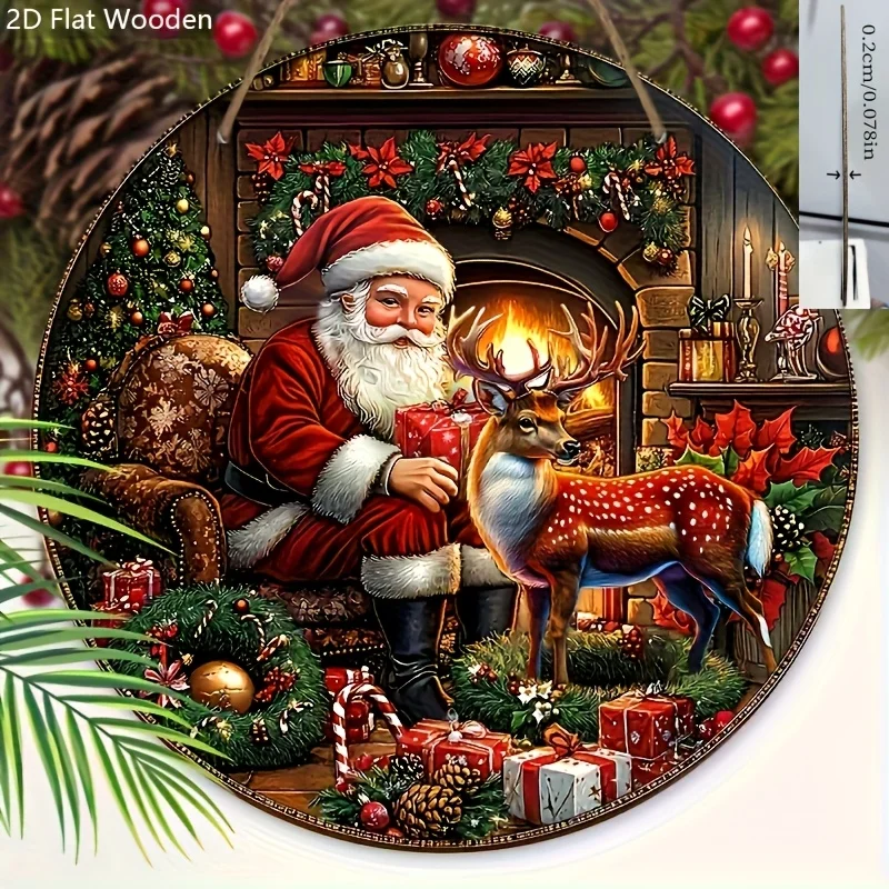 2D Flat - Classic 2D Santa Claus Fireplace Reindeer Wooden Christmas Decorations - 1 Cheerful Round Sign, Perfect for Hanging on
