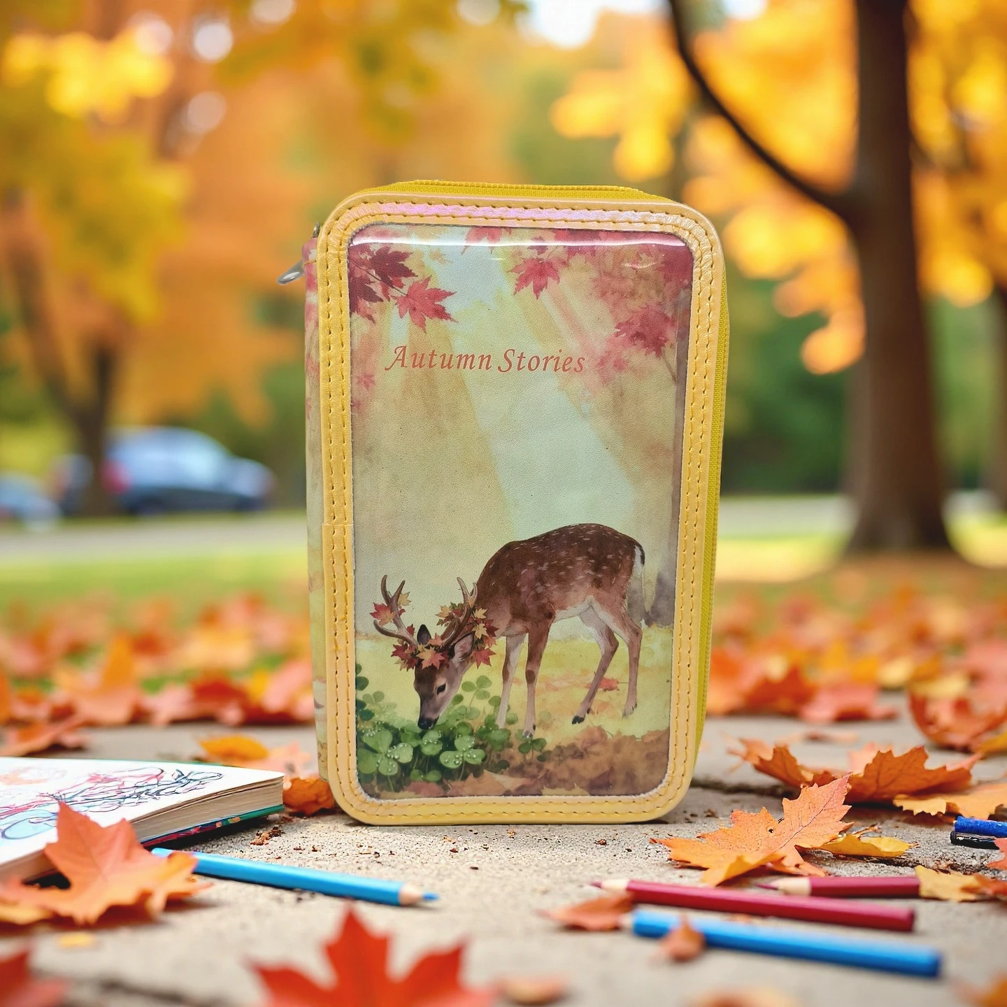 3 Layer Colored Pencil Case 52 Slots Large Capacity Portable Deer Pattern Stationery Organizer for Drawing & Painting