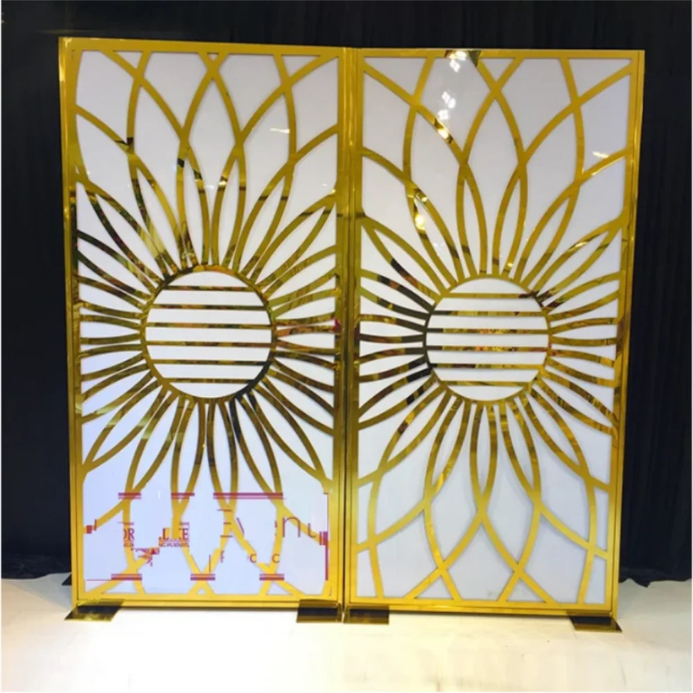 Stainless steel shiny gold laser engraved pattern background wall, performance party wedding background prop display stand