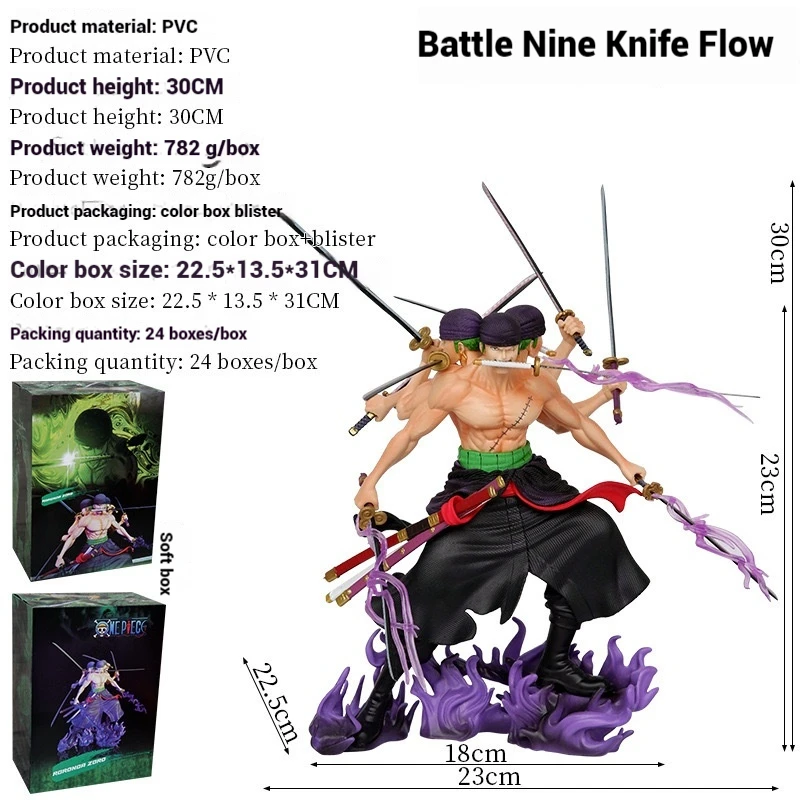 One Piece Action Figures Gk Three Headed Six Armed Asura Battle Nine-Blade Zoro Model Handmade Anime Ornament Statue Colletion