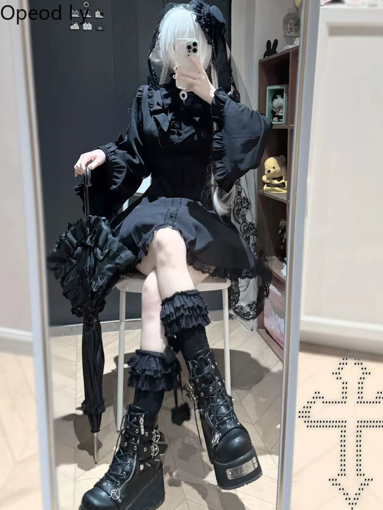 

Japanese Mine Series Mass-produced Long-sleeved Lace Horn-sleeved Dress Top and Shorts Two-piece Set Japanese Goth Cos Girl Sets