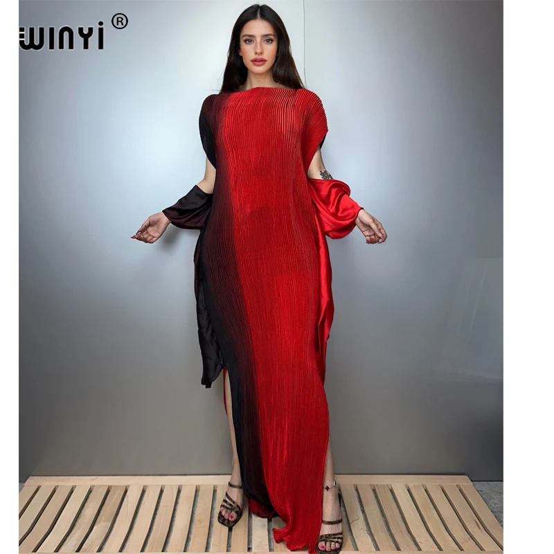 WINYI summer Pleated Elastic loose dress Gradient color beach cover up kaftan abaya dubai luxury party dress boho evening dress