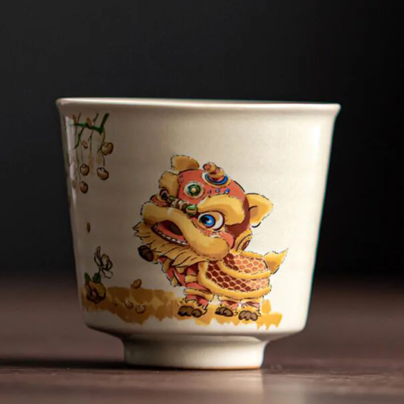 2 Pcs/Set Porcelain Plant Ash Color Wake Lion Pattern Kungfu Tea Cups Tea Bowl Chinese Style Teacups Kitchen Teaware