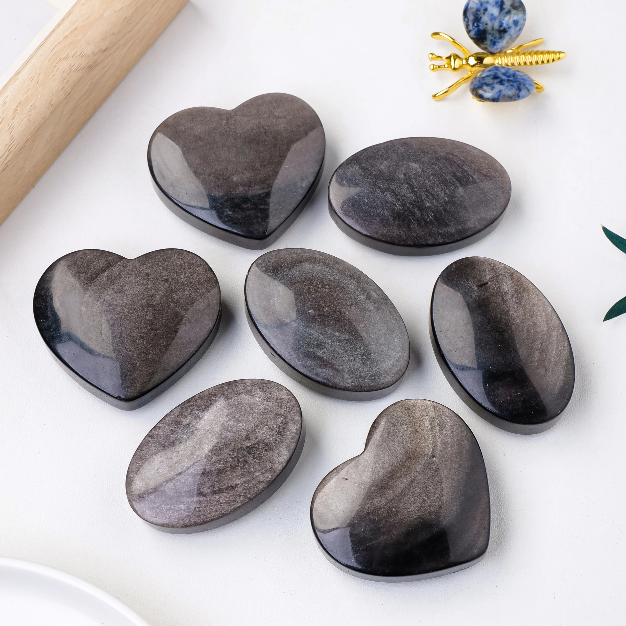 1PC Natural Crystal Quartz Silver Obsidian Palm Heart Hot Compress Stone Healing Crystal Gem Craft Gift