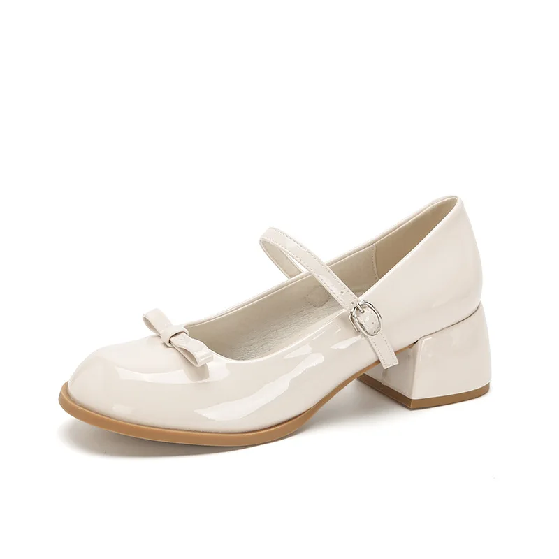 New Designer Round Toe Bowtie Mary Janes Pumps Women Thick High Heels Lolita Shoes Ankle Strap Leather Talons Femmes