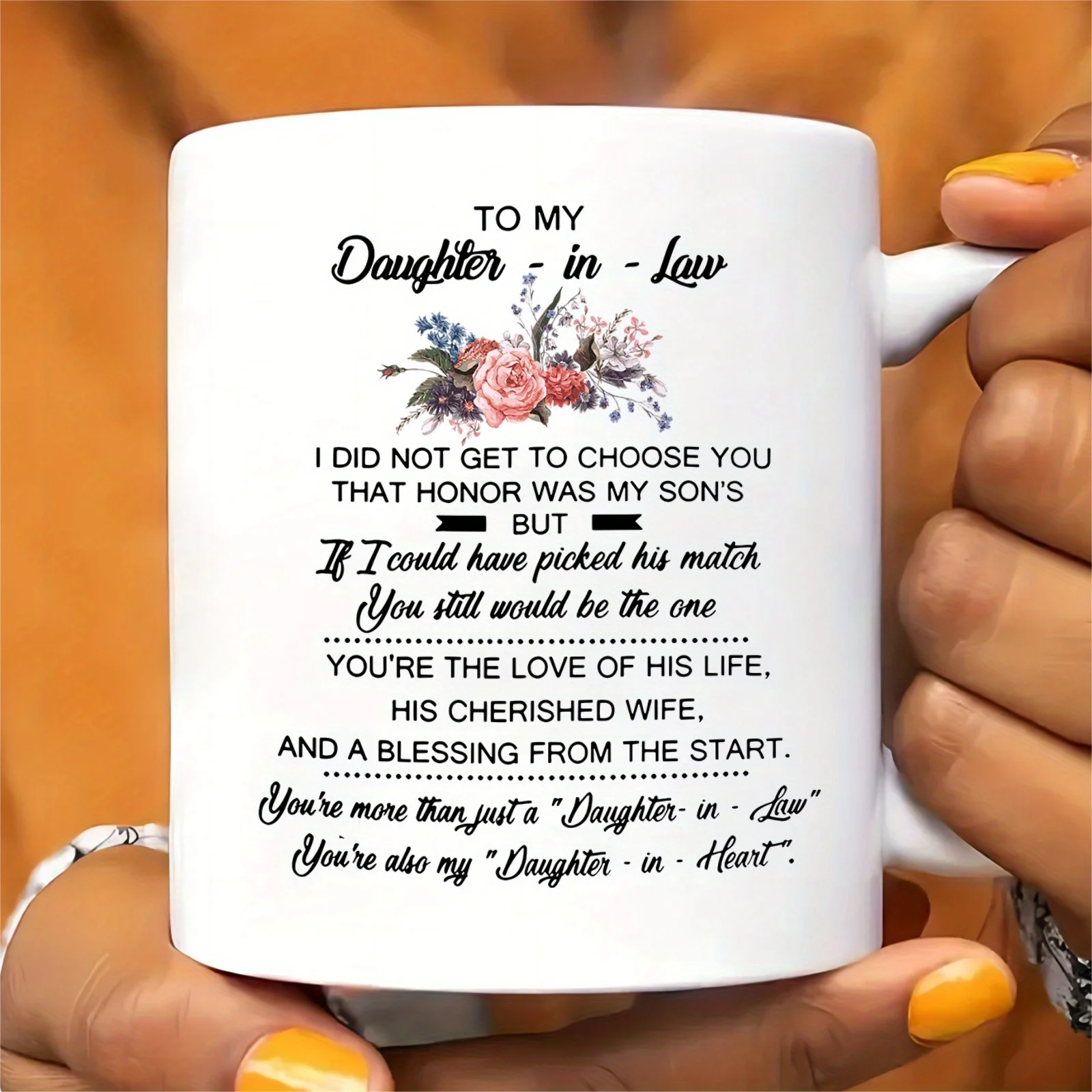 كوب سيراميك إلى ابنتي - رسالة على شكل قلب، هدية مثالية للعائلة، هدية فريدة من نوعها مع تصميم الأزهار #5