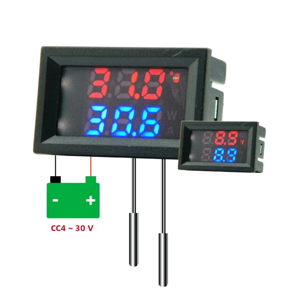 Capteur de température numérique double rouge bleu vert avec affichage LED DC 4-30V, thermomètre double à tension unique DC, sonde NTC 10K 3950 avec câble