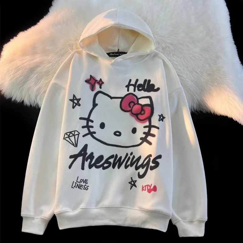 Sanrio Hello Kitty Gothic Hoody Sweater Cute Korean Fashion Hip Hop Black White Pullovers Coat 90s Vintage Sweatshirt Couple Y2k