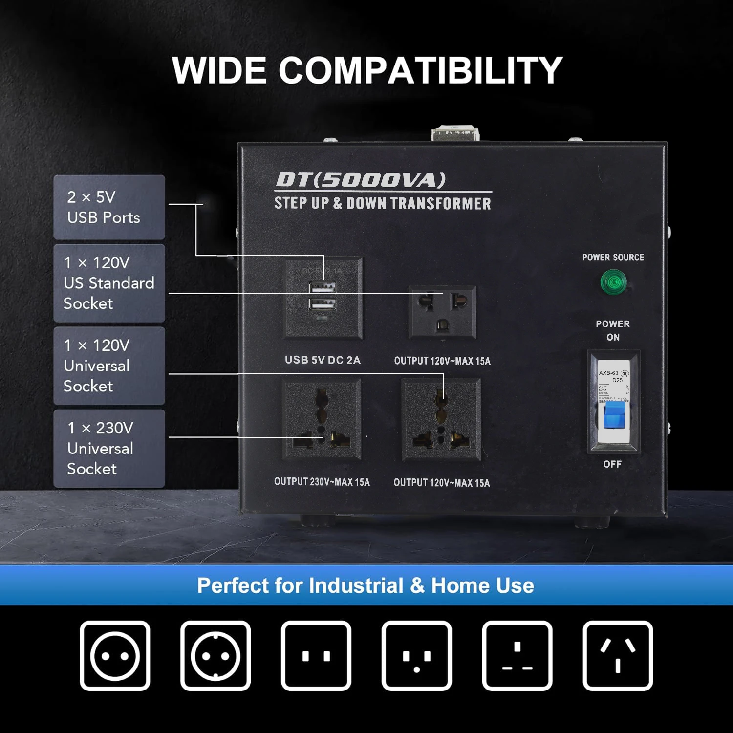 Single Phase 220V/110V DT-5000VA Aluminum Power Transformer Home Use Step Up/Down Voltage Converter 50Hz/60Hz Frequency